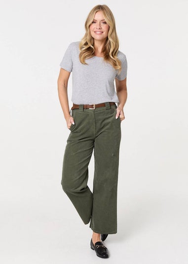 Izabel London Green Faux Leather Belt Corduroy Trousers
