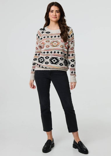 Izabel London Beige Aztec Print Long Sleeve Knit Jumper