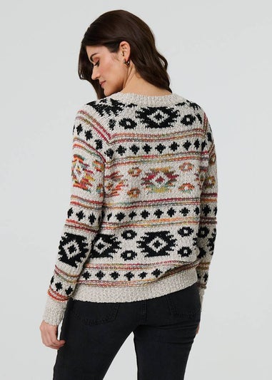 Izabel London Beige Aztec Print Long Sleeve Knit Jumper