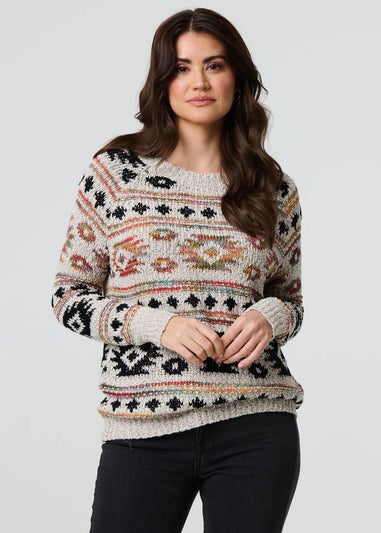 Izabel London Beige Aztec Print Long Sleeve Knit Jumper