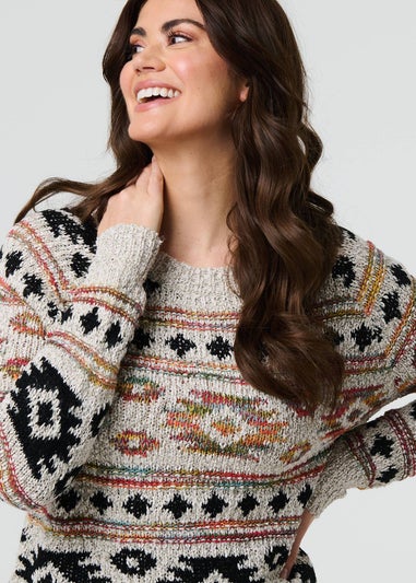 Izabel London Beige Aztec Print Long Sleeve Knit Jumper