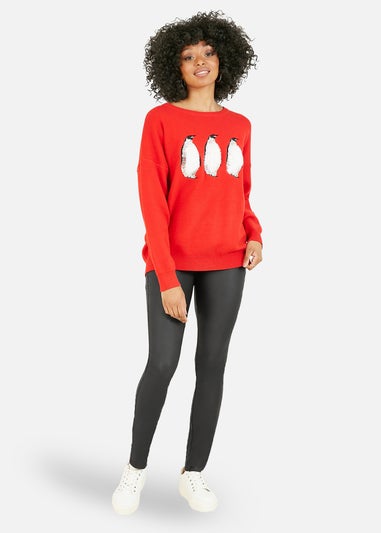 Yumi Red Christmas Festive Penguin Knitted Jumper