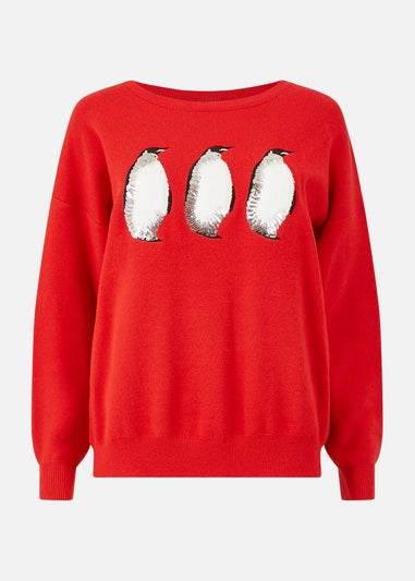 Yumi Red Christmas Festive Penguin Knitted Jumper