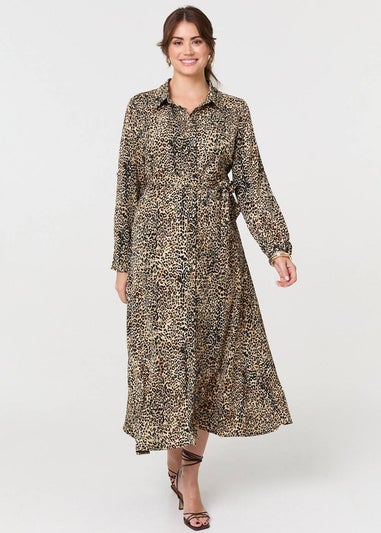 Izabel London Green Animal Print Tie Waist Midi Shirt Dress