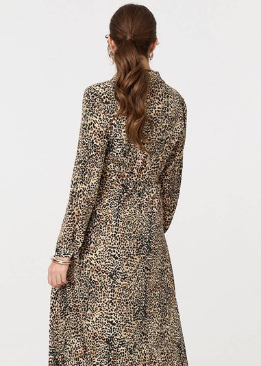 Izabel London Green Animal Print Tie Waist Midi Shirt Dress