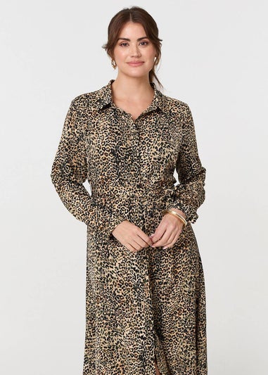 Izabel London Green Animal Print Tie Waist Midi Shirt Dress