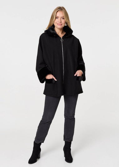 Izabel London Black Faux Fur Trim Zip-Up Relaxed Jacket