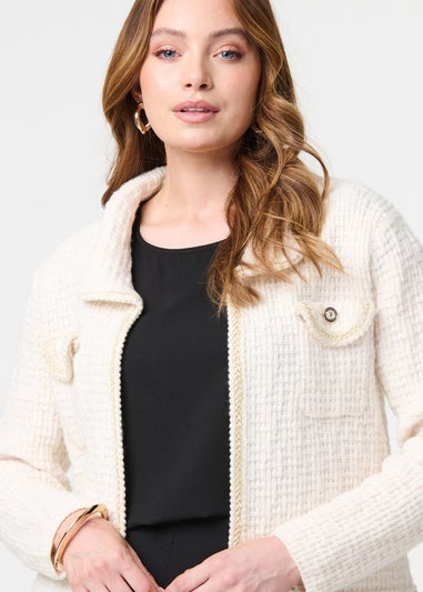 Izabel London Cream Textured Pocket Detail Crop Knit Jacket