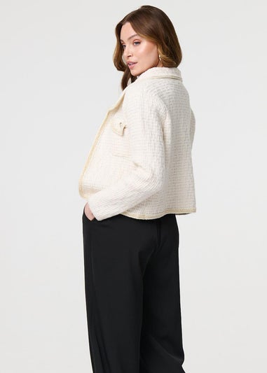 Izabel London Cream Textured Pocket Detail Crop Knit Jacket