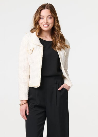 Izabel London Cream Textured Pocket Detail Crop Knit Jacket