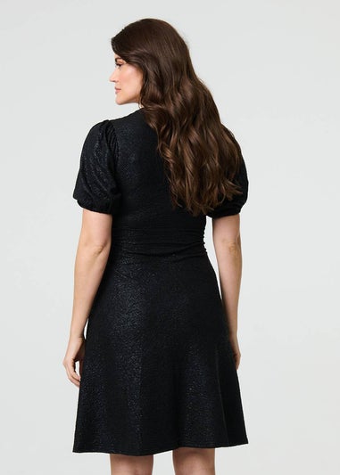 Izabel London Black Sparkly Belted Wrap Midi Dress