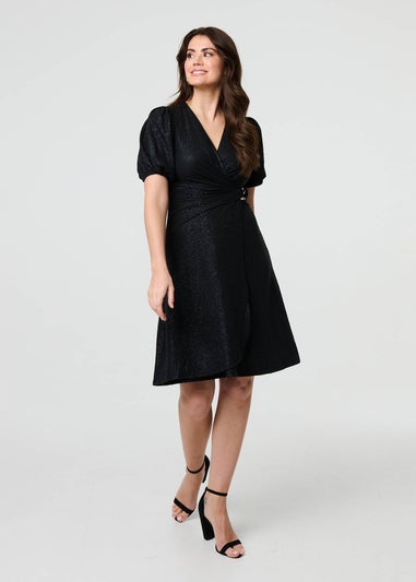 Izabel London Black Sparkly Belted Wrap Midi Dress