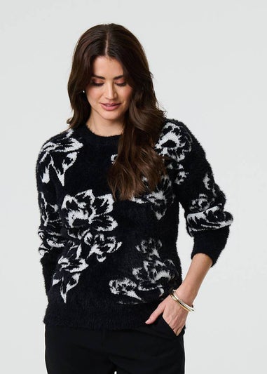 Izabel London Black Floral Soft Knit Long Sleeve Jumper