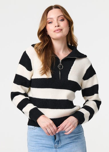 Izabel London White Striped Knit High Neck Pullover