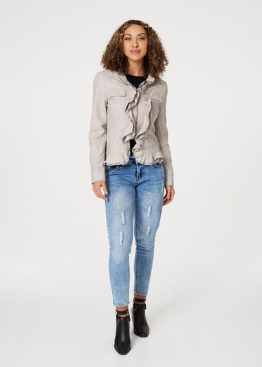 Izabel London Stone Frilled Front Faux Leather Jacket