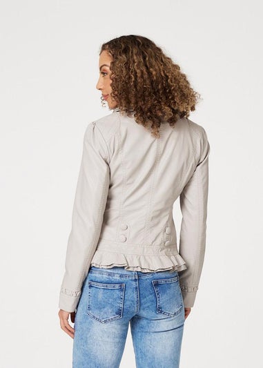 Izabel London Stone Frilled Front Faux Leather Jacket