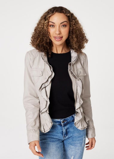 Izabel London Stone Frilled Front Faux Leather Jacket