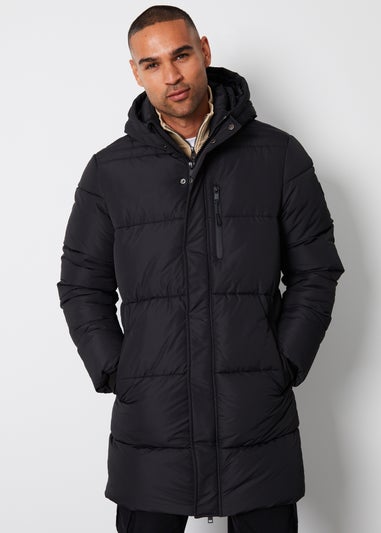 Threadbare Black Showerproof Hooded Longline Puffer Jacket