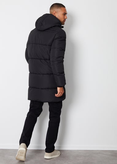 Threadbare Black Showerproof Hooded Longline Puffer Jacket