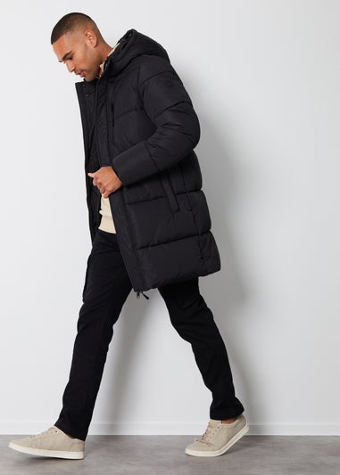 Threadbare Black Showerproof Hooded Longline Puffer Jacket