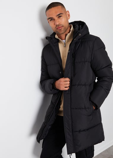 Threadbare Black Showerproof Hooded Longline Puffer Jacket