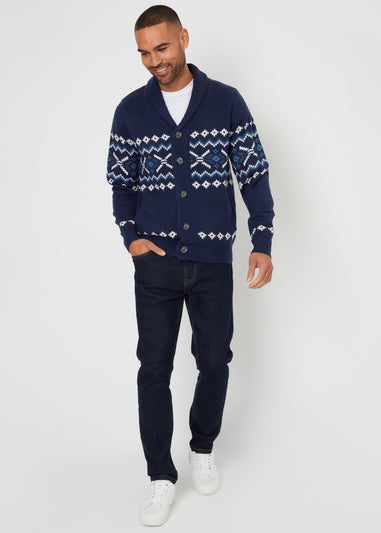 Threadbare Navy Fairisle Shawl Collar Knitted Cardigan