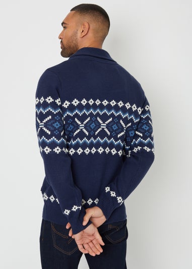 Threadbare Navy Fairisle Shawl Collar Knitted Cardigan