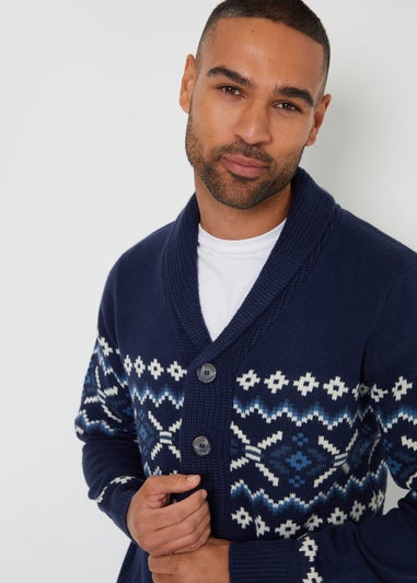 Threadbare Navy Fairisle Shawl Collar Knitted Cardigan