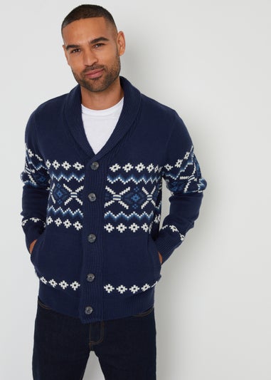 Threadbare Navy Fairisle Shawl Collar Knitted Cardigan