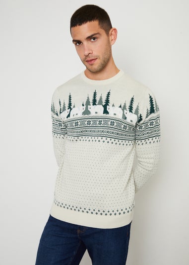 Threadbare Stone Geo Fairisle Crew Neck Christmas Jumper
