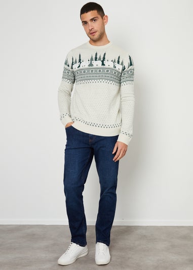 Threadbare Stone Geo Fairisle Crew Neck Christmas Jumper