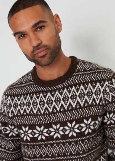 Threadbare Chocolate Fairisle Crew Neck Christmas Jumper