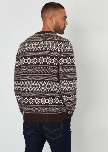 Threadbare Chocolate Fairisle Crew Neck Christmas Jumper