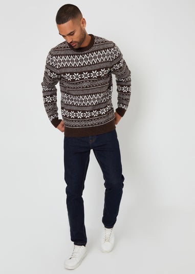 Threadbare Chocolate Fairisle Crew Neck Christmas Jumper