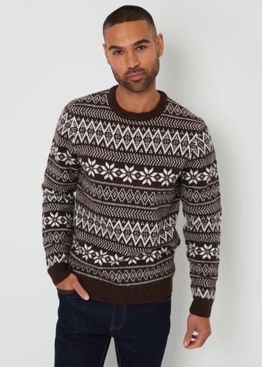 Threadbare Chocolate Fairisle Crew Neck Christmas Jumper