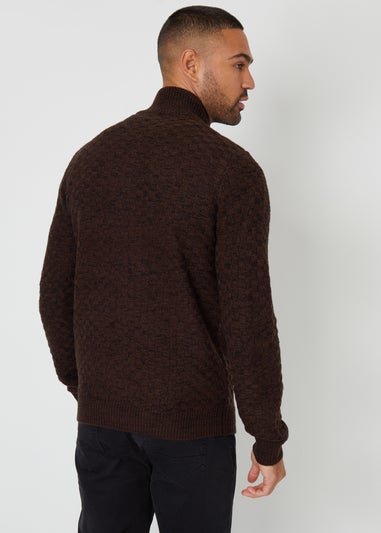 Threadbare Brown Textured Quarter Zip Jumper With Wool