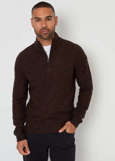 Threadbare Brown Textured Quarter Zip Jumper With Wool