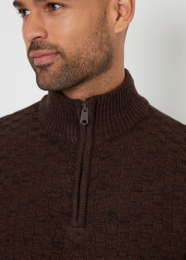 Threadbare Brown Textured Quarter Zip Jumper With Wool