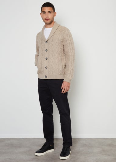 Threadbare Stone Cable Knit Shawl Collar Cardigan With Wool