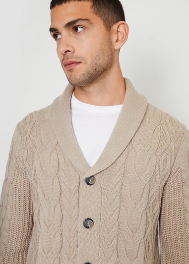 Threadbare Stone Cable Knit Shawl Collar Cardigan With Wool