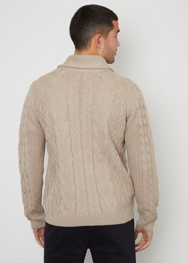 Threadbare Stone Cable Knit Shawl Collar Cardigan With Wool