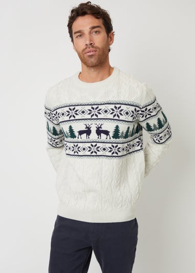 Threadbare Stone Cable Knit Fairisle Crew Neck Christmas Jumper