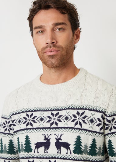 Threadbare Stone Cable Knit Fairisle Crew Neck Christmas Jumper