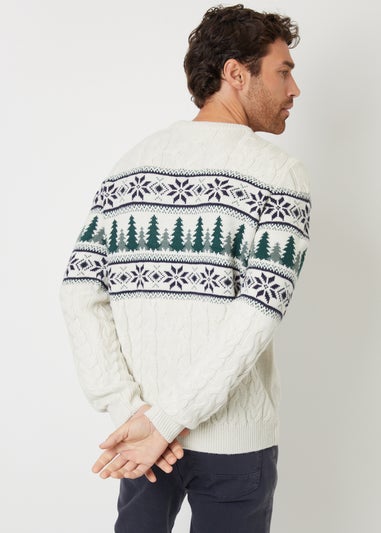 Threadbare Stone Cable Knit Fairisle Crew Neck Christmas Jumper