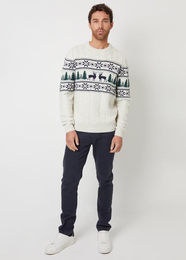 Threadbare Stone Cable Knit Fairisle Crew Neck Christmas Jumper