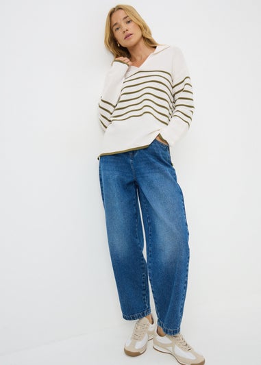 Green Striped Open Collar Jumper