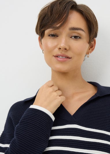Navy Striped Open Collar Jumper