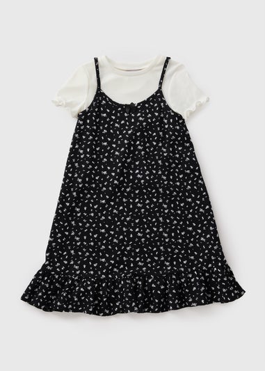Girls Black Ditsy 2-in-1 Crinkle Dress (7-15yrs)