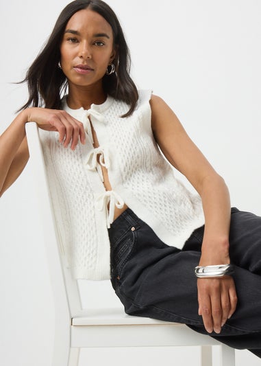 Cream Cable Tie Front Sleeveless Cardigan