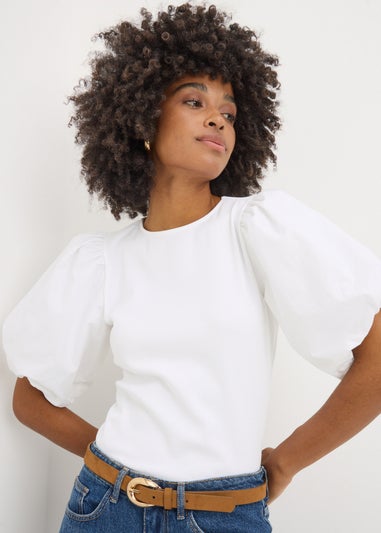 White Puff Sleeve Ribbed Top
